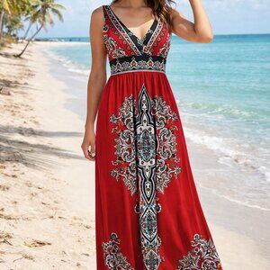 London Times Red Paisley Maxi Dress Size 6 Boho Sleeveless Plunge
